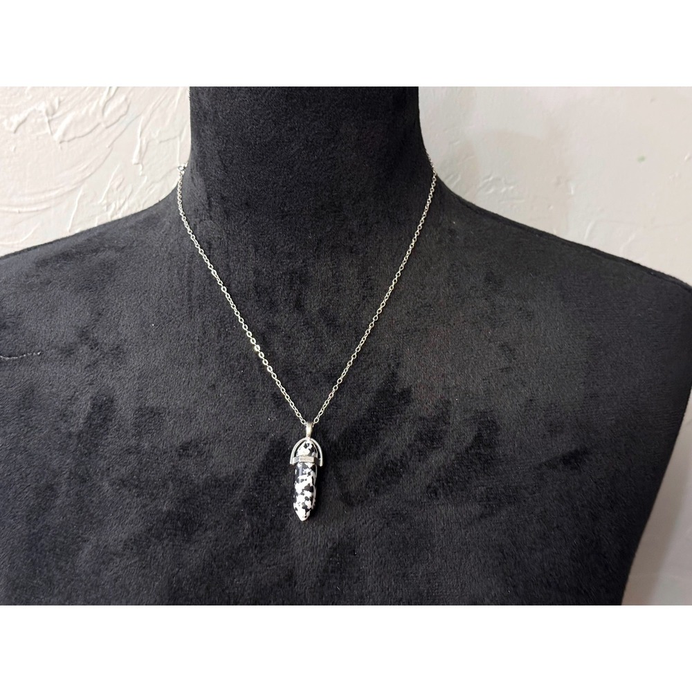 Dalmatian‎ Jasper Hex Point Pendant Necklace Silver Tone Chain Adjustable Boho